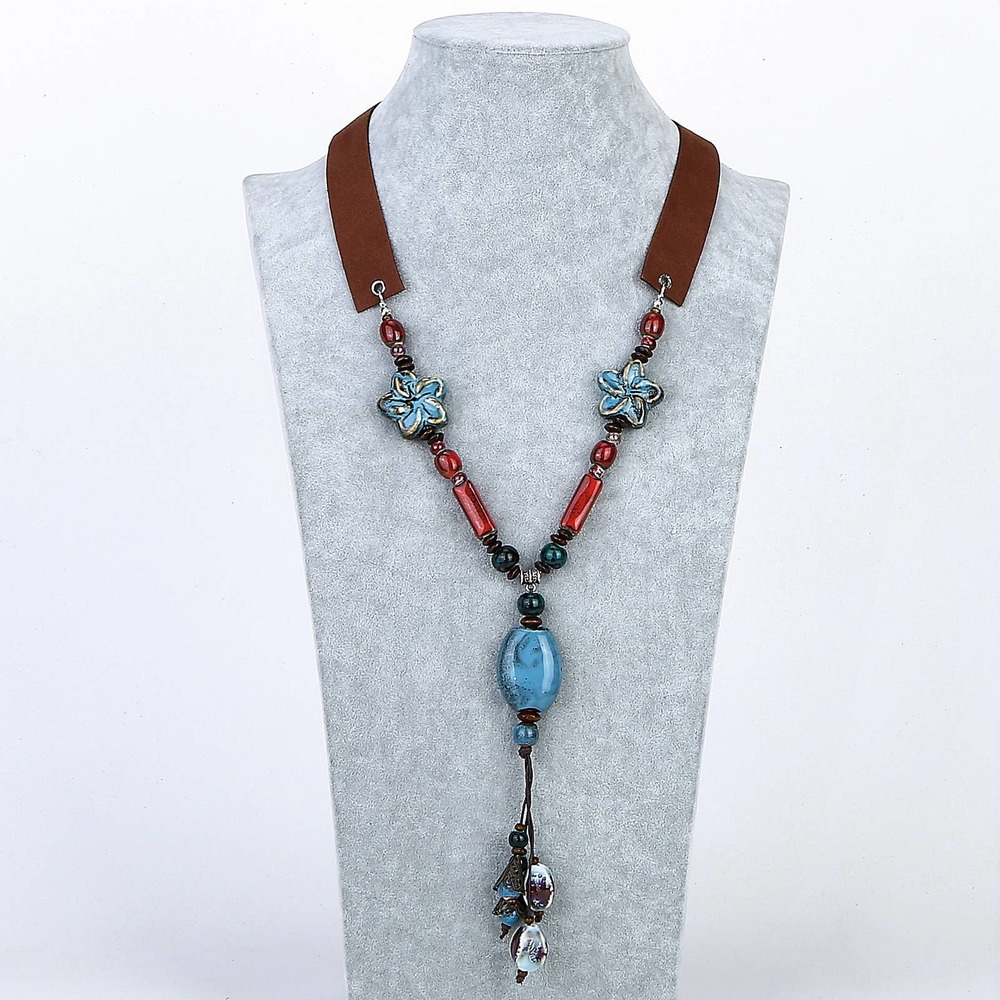 Handmade Beige Tan Ceramic & Porcelain Bead Statement Necklace on Soft Suede